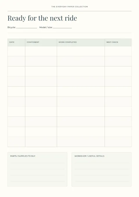 Ready for the next ride – bicycle log: printable design preview