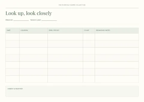 Look up, look closely – birdwatching log: printable design preview