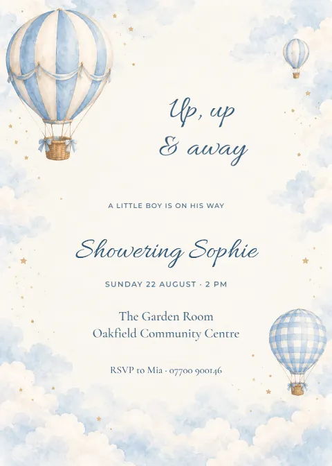 Up, up & away – baby boy shower: printable design preview
