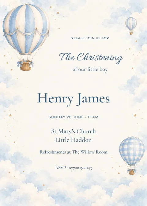 Blessings in blue – balloon christening: printable design preview