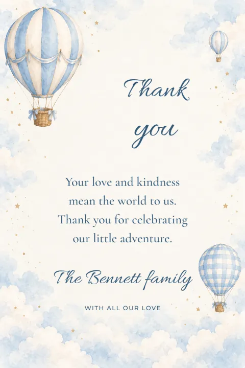 Over the moon – balloon thank-you card: printable design preview