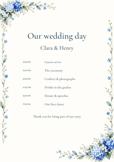 Blue hydrangea – ceremony programme: printable design preview