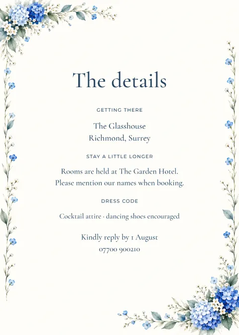 Blue hydrangea – wedding details card: printable design preview