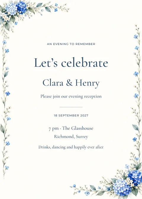 Blue hydrangea – evening invitation: printable design preview