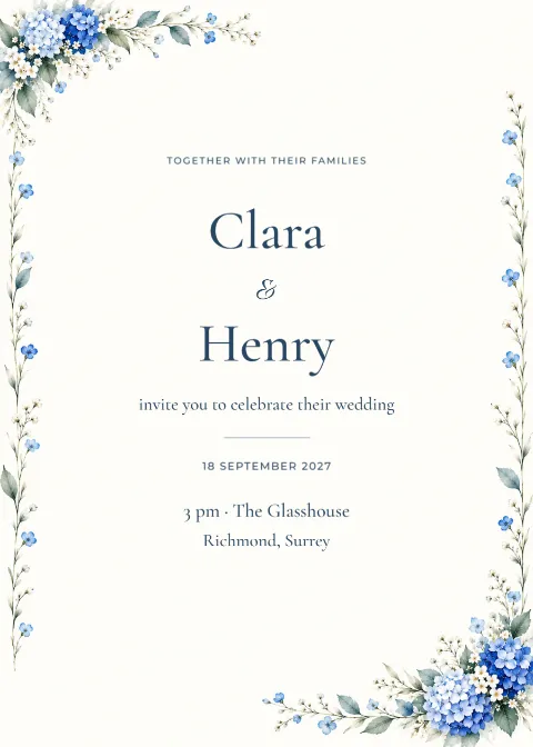 Blue hydrangea – wedding invitation: printable design preview