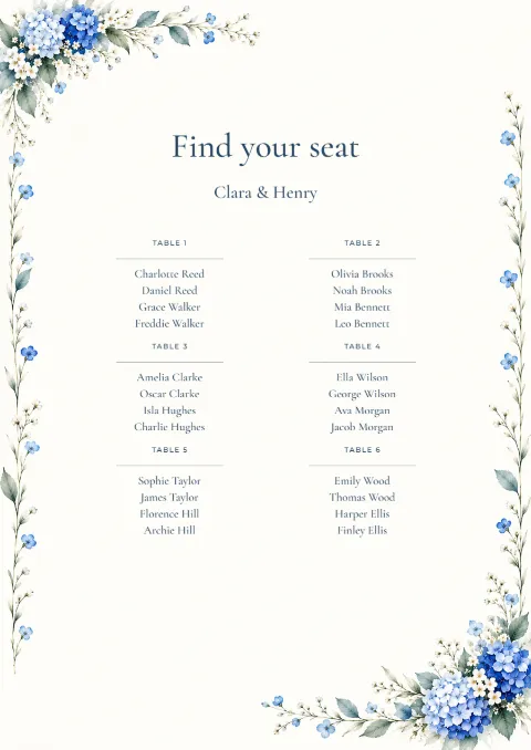Blue hydrangea – seating plan: printable design preview