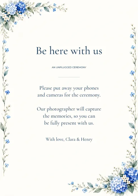 Blue hydrangea – unplugged ceremony sign: printable design preview