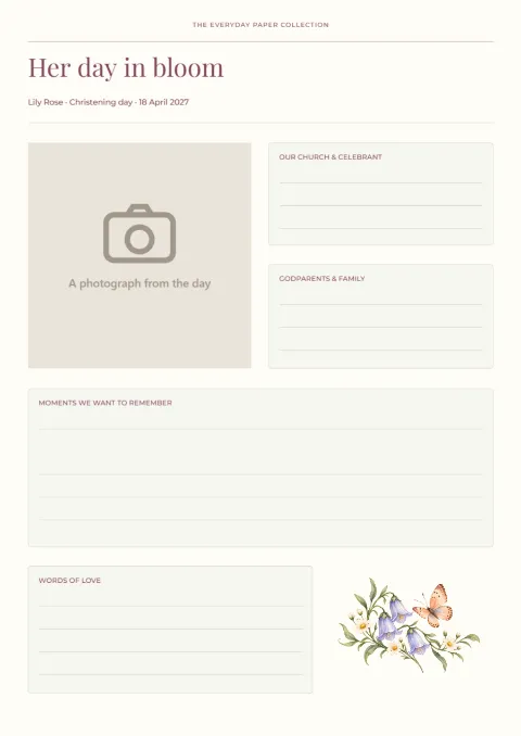 Her day in bloom – christening memory page: printable design preview