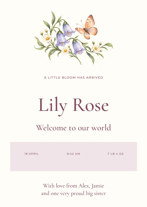 A little bloom – girl birth announcement: printable design preview