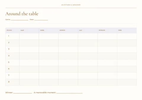 Around the table – game-night scores: printable design preview