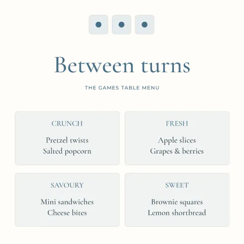 Between turns – games table snack menu: printable design preview