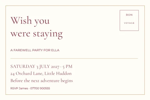 Wish you were staying – bon voyage party: printable design preview