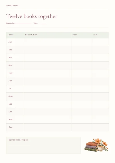 Twelve books together – club calendar: printable design preview