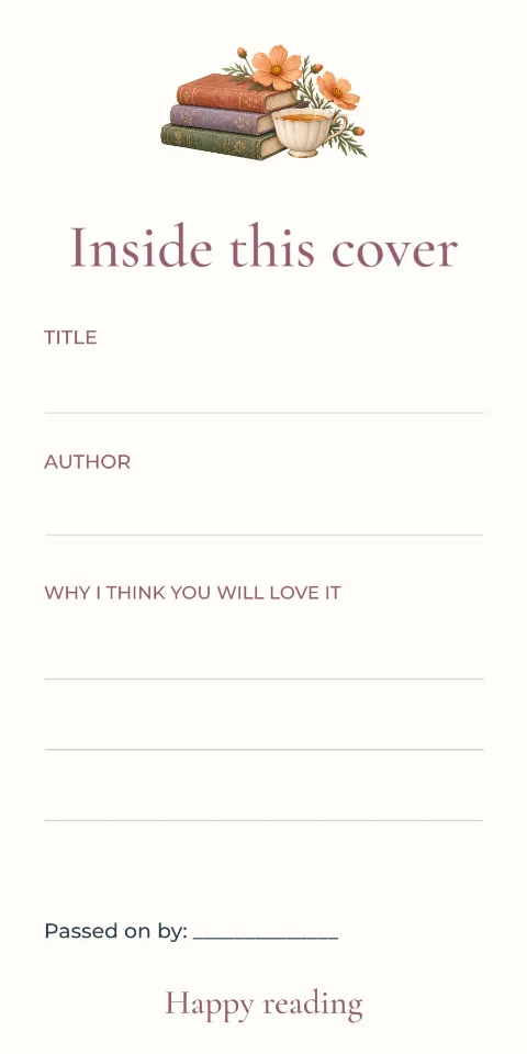 Inside this cover – book recommendation slip: printable design preview