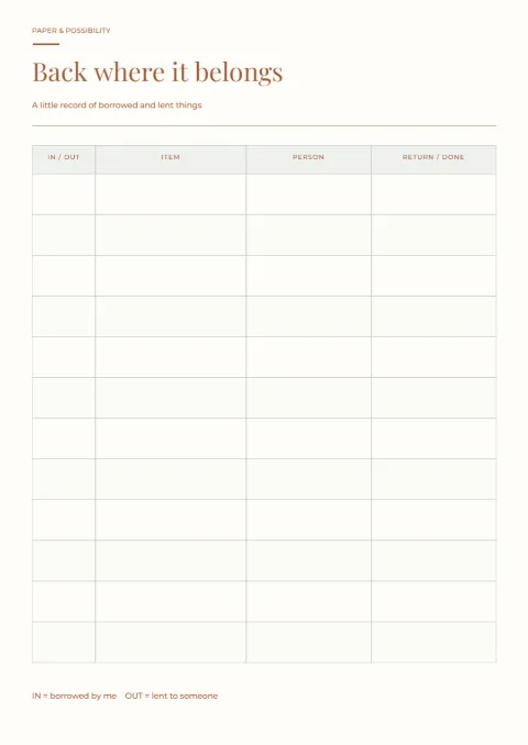 Back where it belongs – lending log: printable design preview