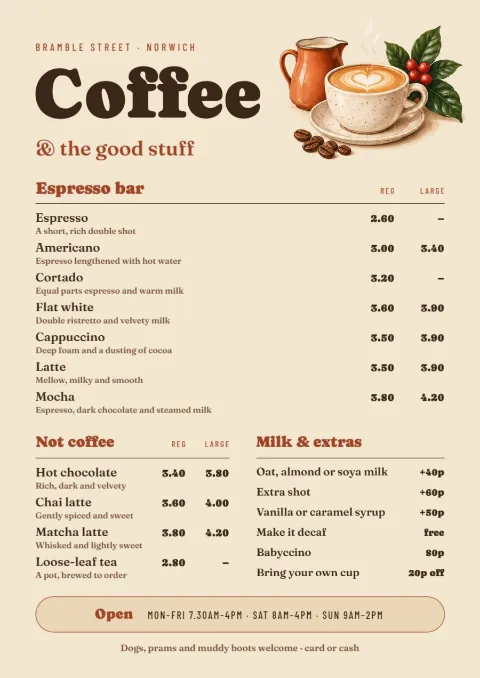 Bramble Street – coffee shop menu board: printable design preview