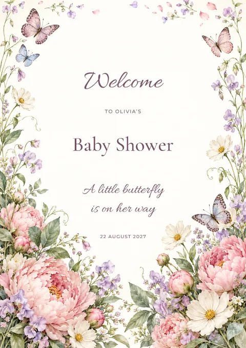 Welcome to her next chapter – butterfly shower sign: printable design preview