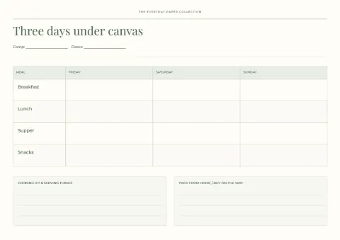 Three days under canvas – camping meals: printable design preview