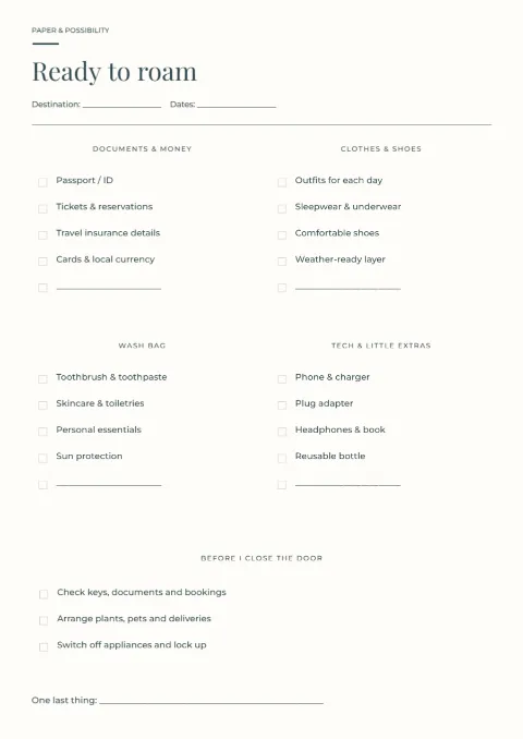 Ready to roam – packing checklist: printable design preview