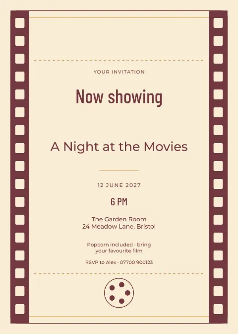 Cinema ticket – movie night: printable design preview