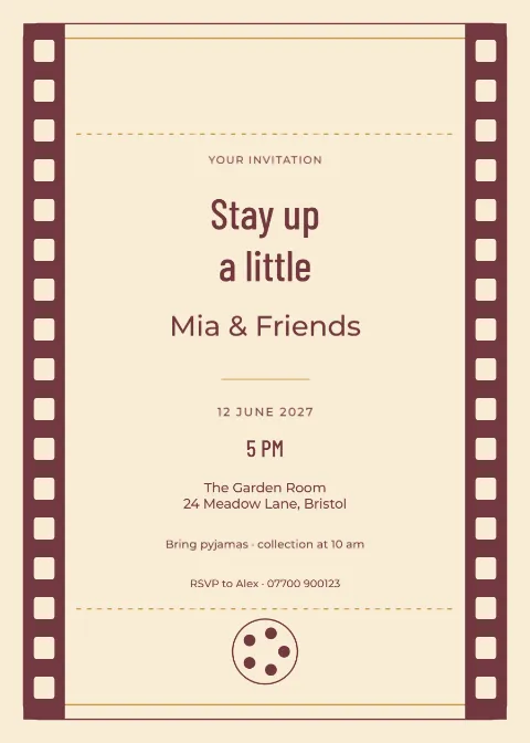 Cinema ticket – sleepover: printable design preview