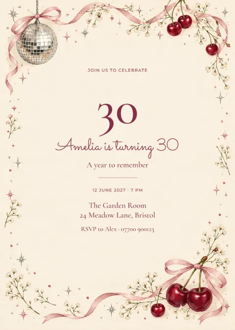 Disco cherries – thirtieth birthday: printable design preview
