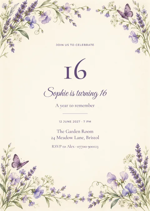 Lavender garden – sixteenth birthday: printable design preview