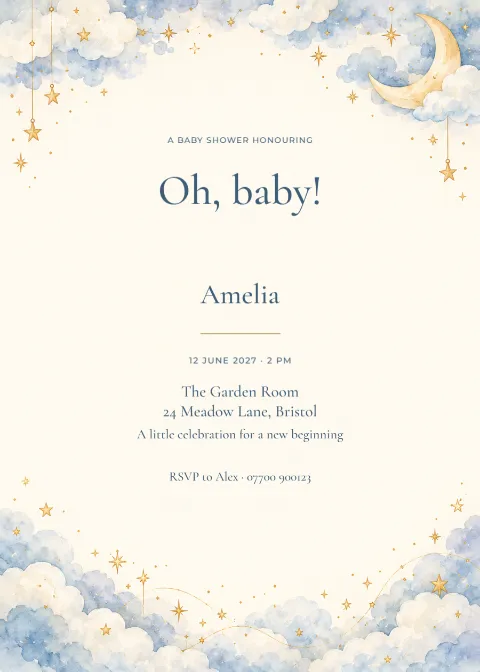 Moonlit clouds – baby shower: printable design preview