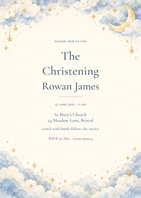 Moonlit clouds – christening: printable design preview