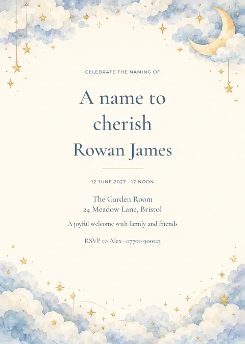 Moonlit clouds – naming day: printable design preview