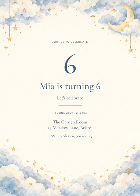 Moonlit clouds – sixth birthday: printable design preview