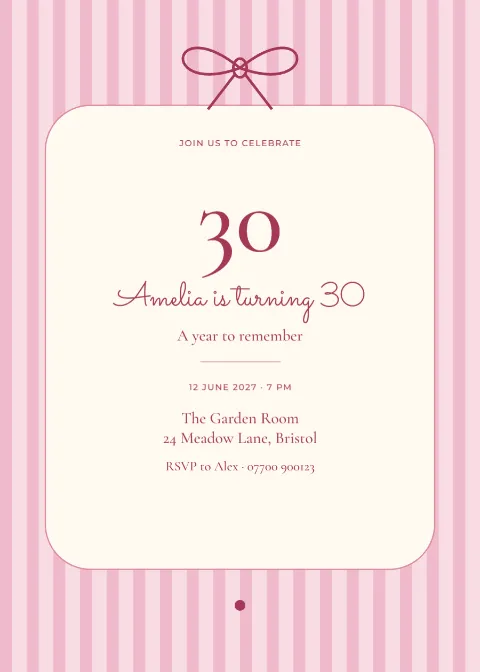 Pink pinstripe – thirtieth birthday: printable design preview
