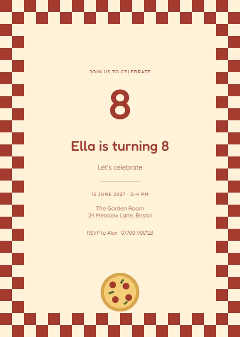 Pizza checker – eighth birthday: printable design preview