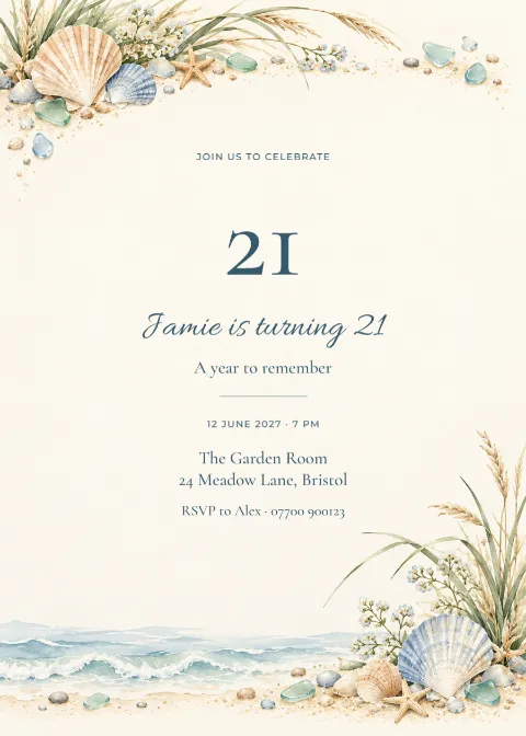 Shell shore – twenty-first birthday: printable design preview