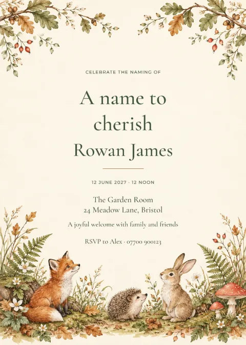 Woodland picnic – naming day: printable design preview