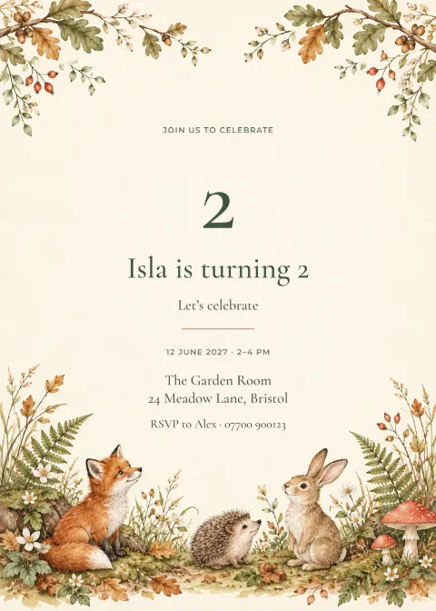 Woodland picnic – second birthday: printable design preview