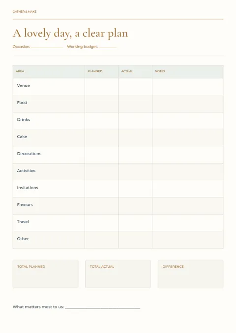 A lovely day, a clear plan – party budget: printable design preview