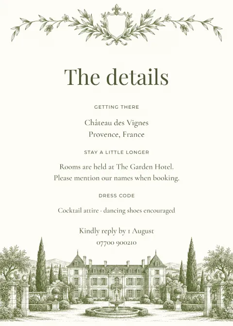 Château estate – wedding details card: printable design preview