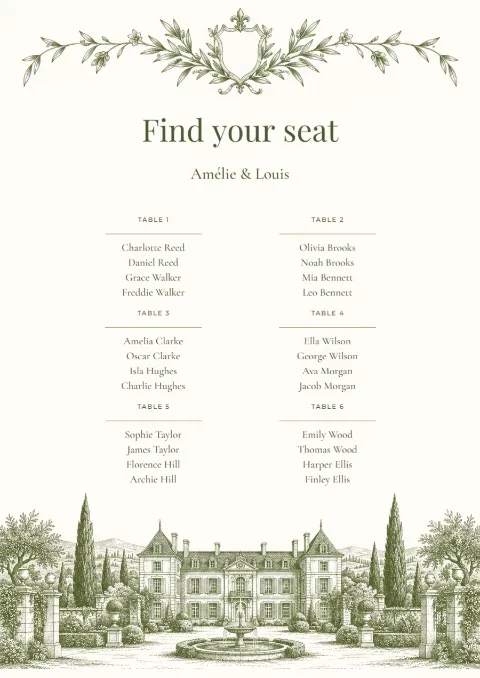 Château estate – seating plan: printable design preview