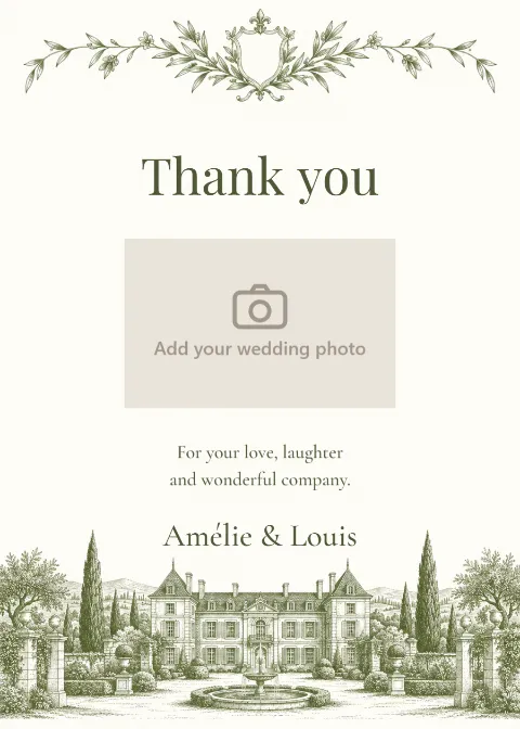 Château estate – photo thank-you card: printable design preview