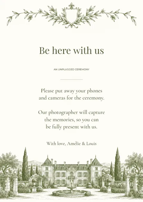 Château estate – unplugged ceremony sign: printable design preview