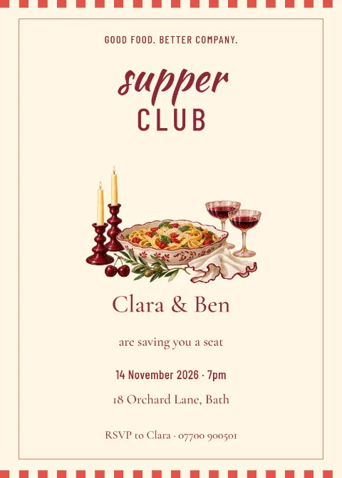 Cherry Bistro – supper club invitation: printable design preview