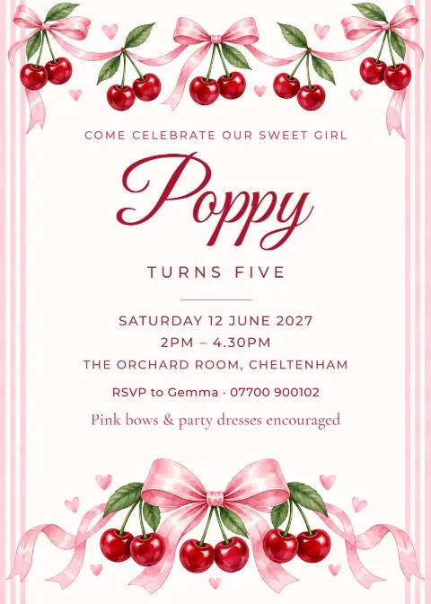 Cherry on top – girl’s birthday invitation: printable design preview