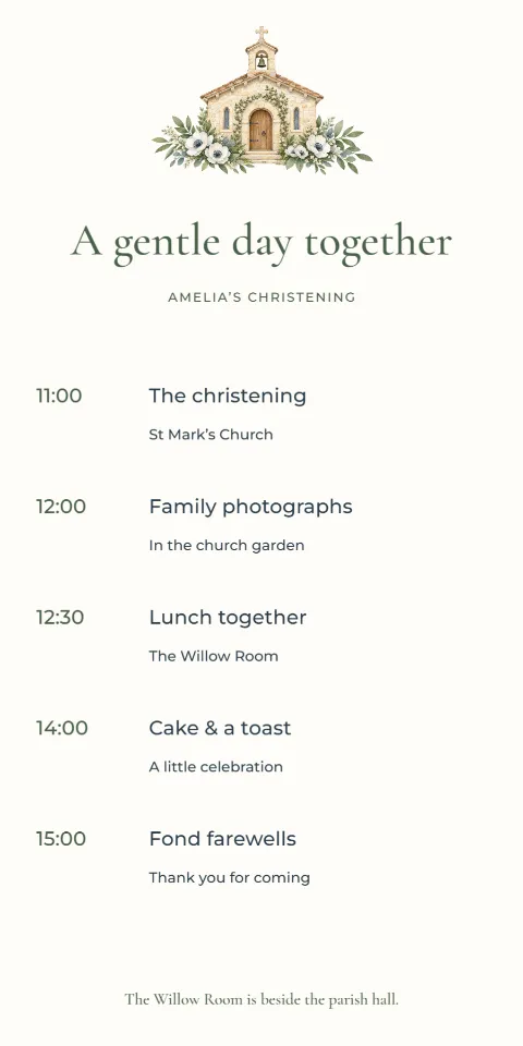 A gentle day together – christening itinerary: printable design preview