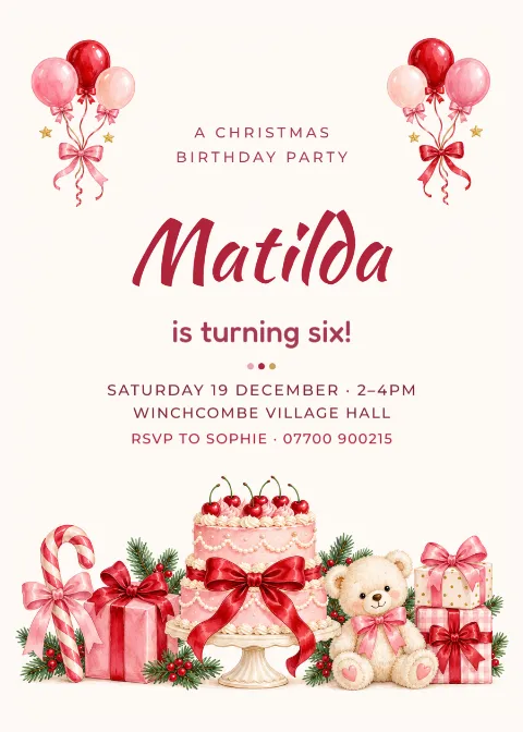 Coquette bows – Christmas sixth birthday invitation: printable design preview
