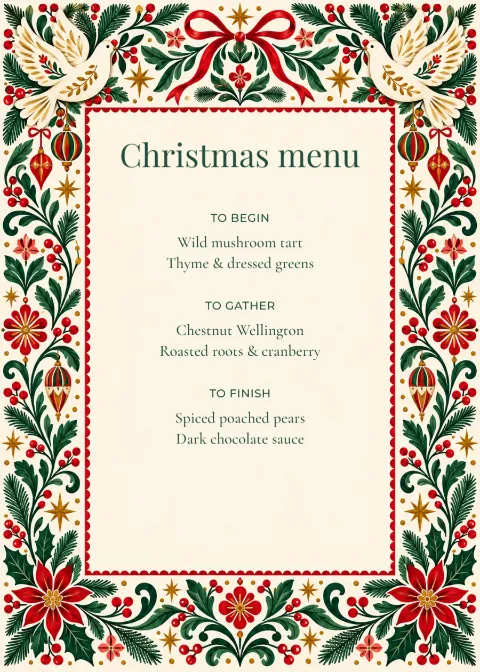 Doves of December – Christmas dinner menu: printable design preview