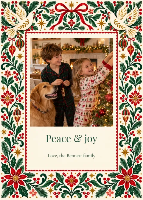 Doves of December – family photo Christmas card: printable design preview
