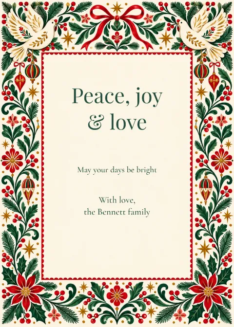 Doves of December – illustrated Christmas greeting: printable design preview