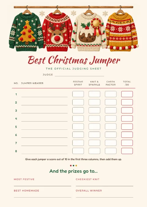 Rosette rail – best Christmas jumper scorecard: printable design preview