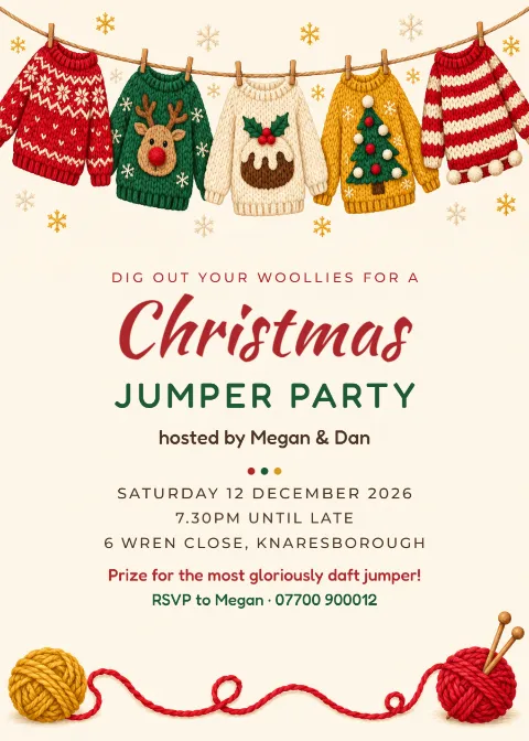 Washing line – Christmas jumper party invitation: printable design preview
